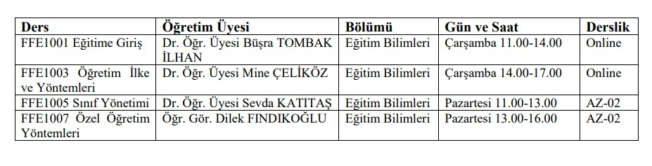 2024-2025 Güz Yarıyılı Formasyon Ders Programı